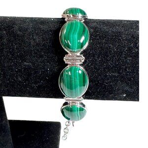 Sterling Silver 925 Malachite Oval Cabochon Stone Bracelet 7" 9" Bracelet Anklet